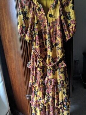Yellow Floral Puff-Sleeve Women's Dress